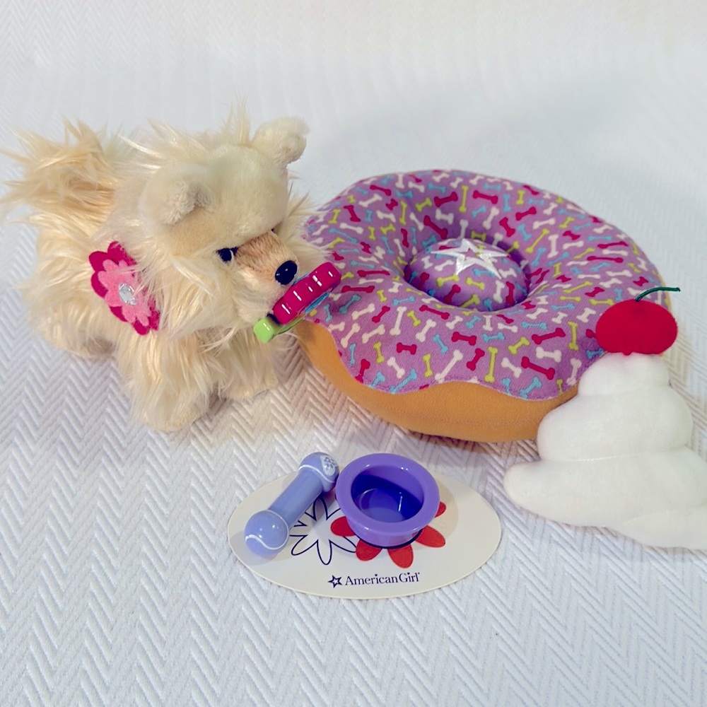 American Girl Doll pet Pomeranian Puppy with flower collar and donut bed